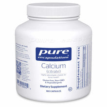White bottle of Pure Encapsulations Calcium citrate dietary supplement containing 180 capsules with white cap.