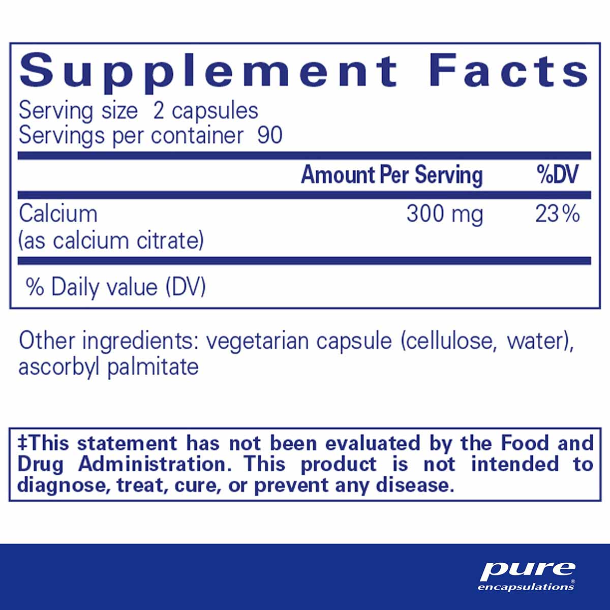 Supplement Facts label for calcium citrate showing 300 mg per serving, 90 servings per container, with Pure Encapsulations br