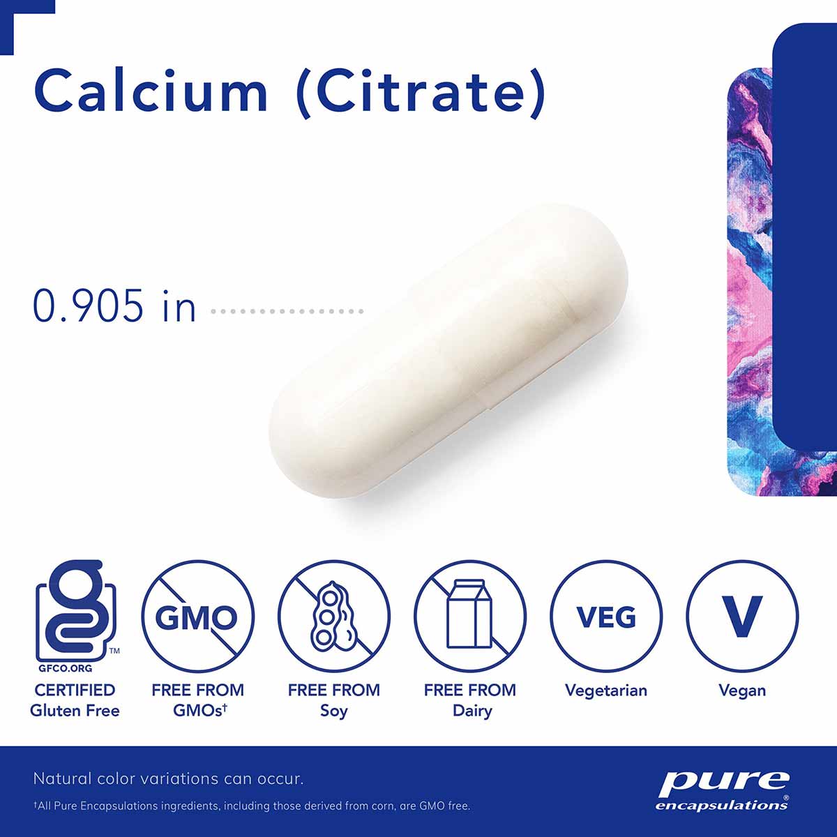 White calcium citrate capsule with product name and certifications displayed, including gluten-free, GMO-free, soy-free, dair