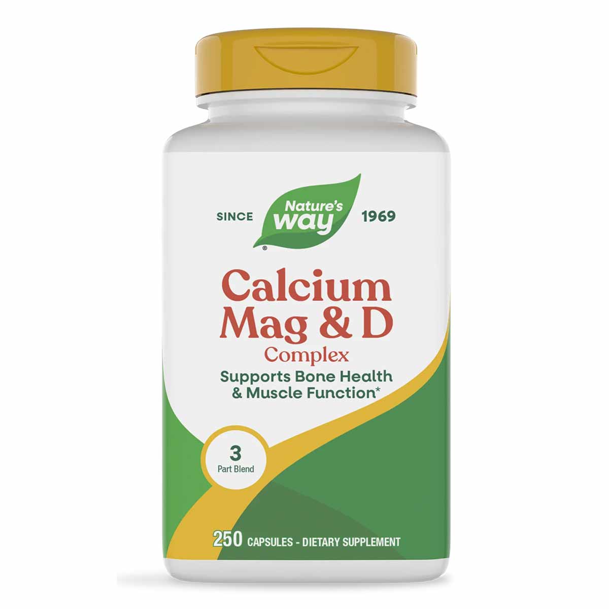 Nature's Way Calcium Mag & D Complex supplement bottle with yellow cap and green label containing 250 capsules.