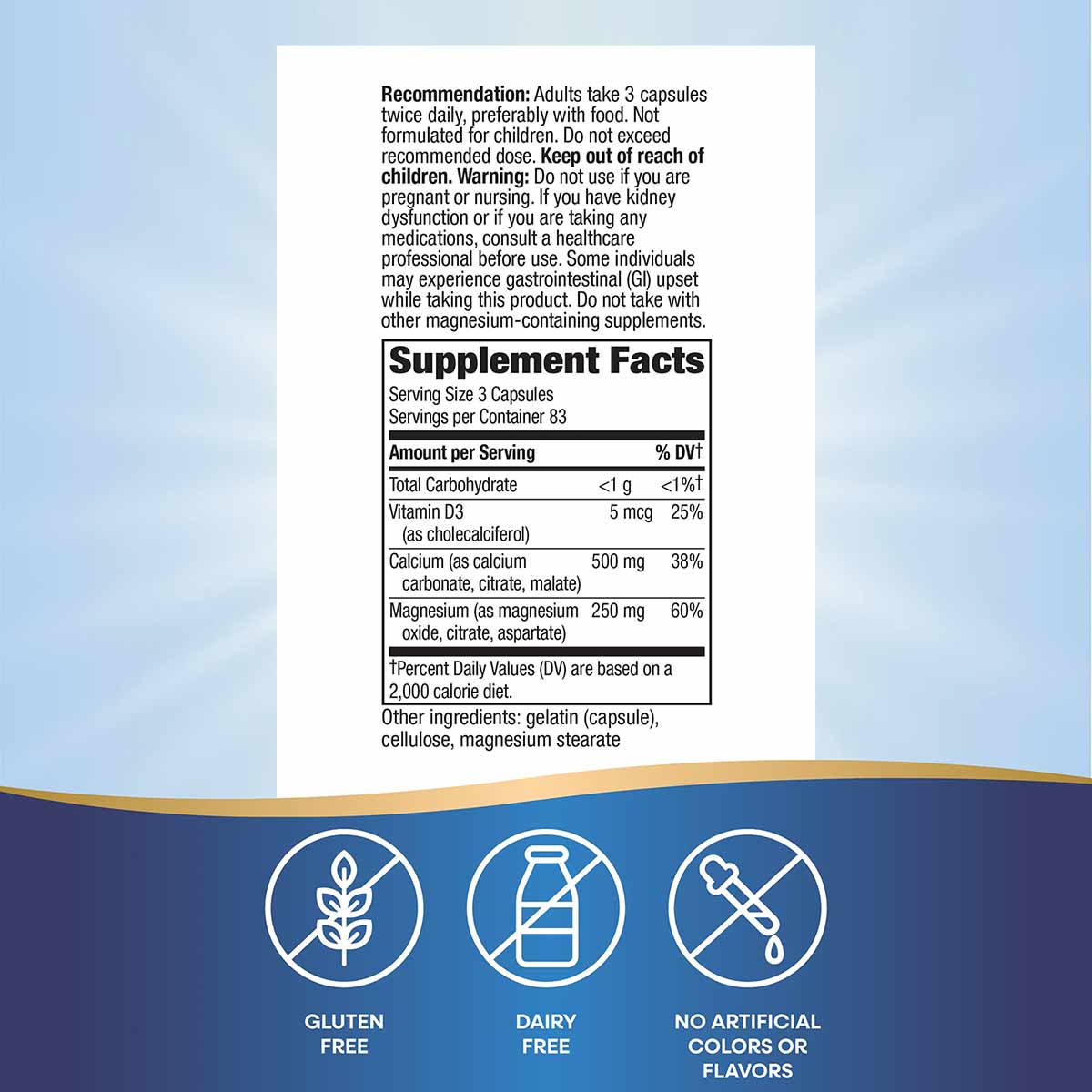 Supplement Facts label for Calcium Mag & D Complex showing dosage, nutritional information, and icons indicating gluten-free,