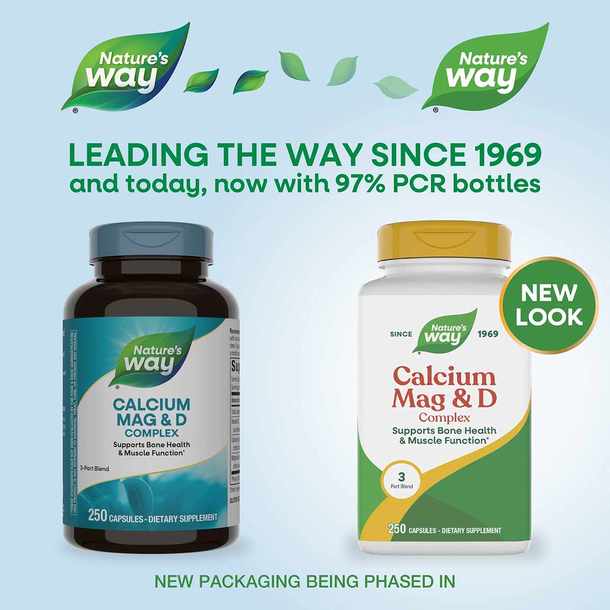 Two Nature's Way Calcium Mag & D Complex supplement bottles showing old dark packaging and new white packaging with gold cap.