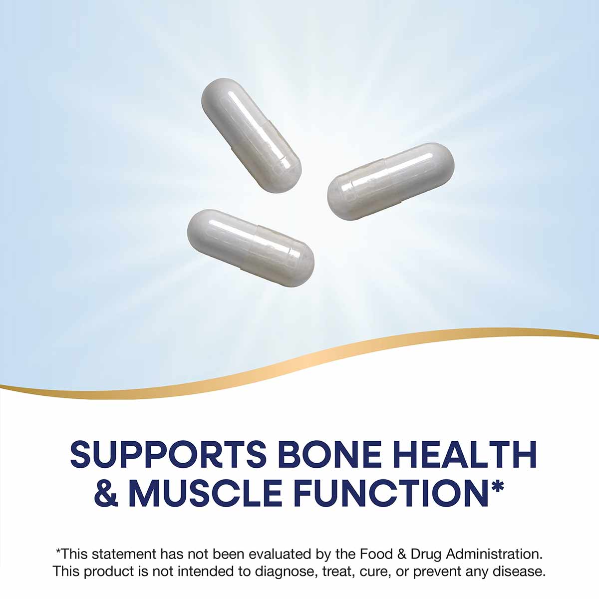 Three white capsule pills displayed against a light blue background with a gold curved line.