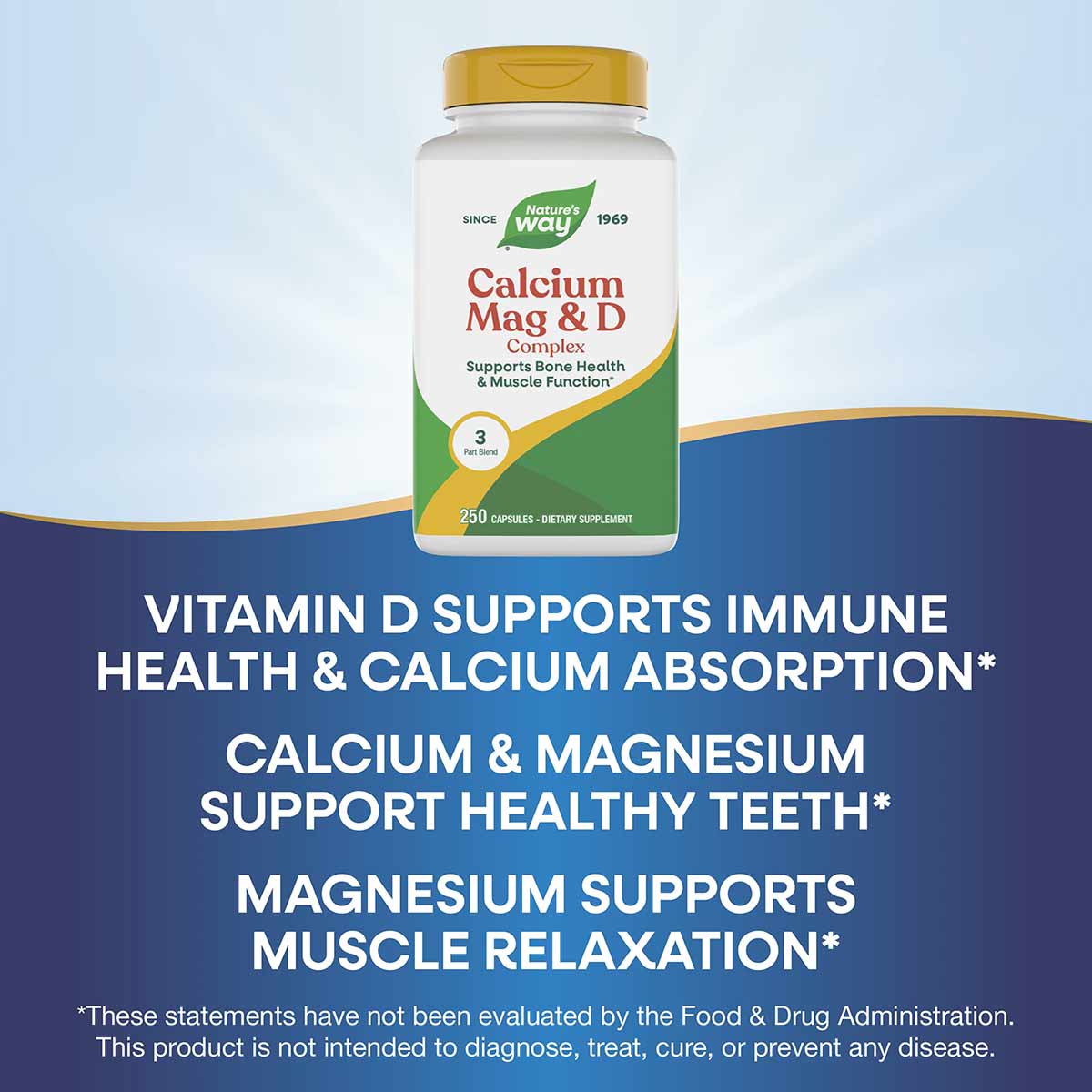 Nature's Way Calcium Mag & D Complex bottle with gold cap containing 250 capsules, white and green label.