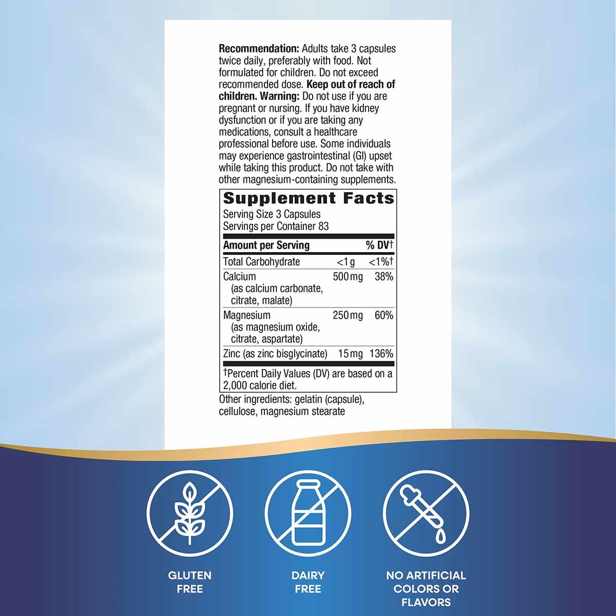 Supplement facts label for Calcium Mag & Zinc Mineral Complex showing dosage, ingredients, and allergen information with glut