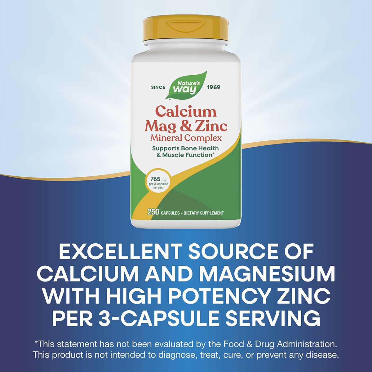 Nature's Way Calcium Mag & Zinc Mineral Complex bottle with gold cap containing 250 capsules.