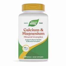 Nature's Way Calcium & Magnesium Mineral Complex bottle with gold cap, 250 capsules, 750 mg per serving.