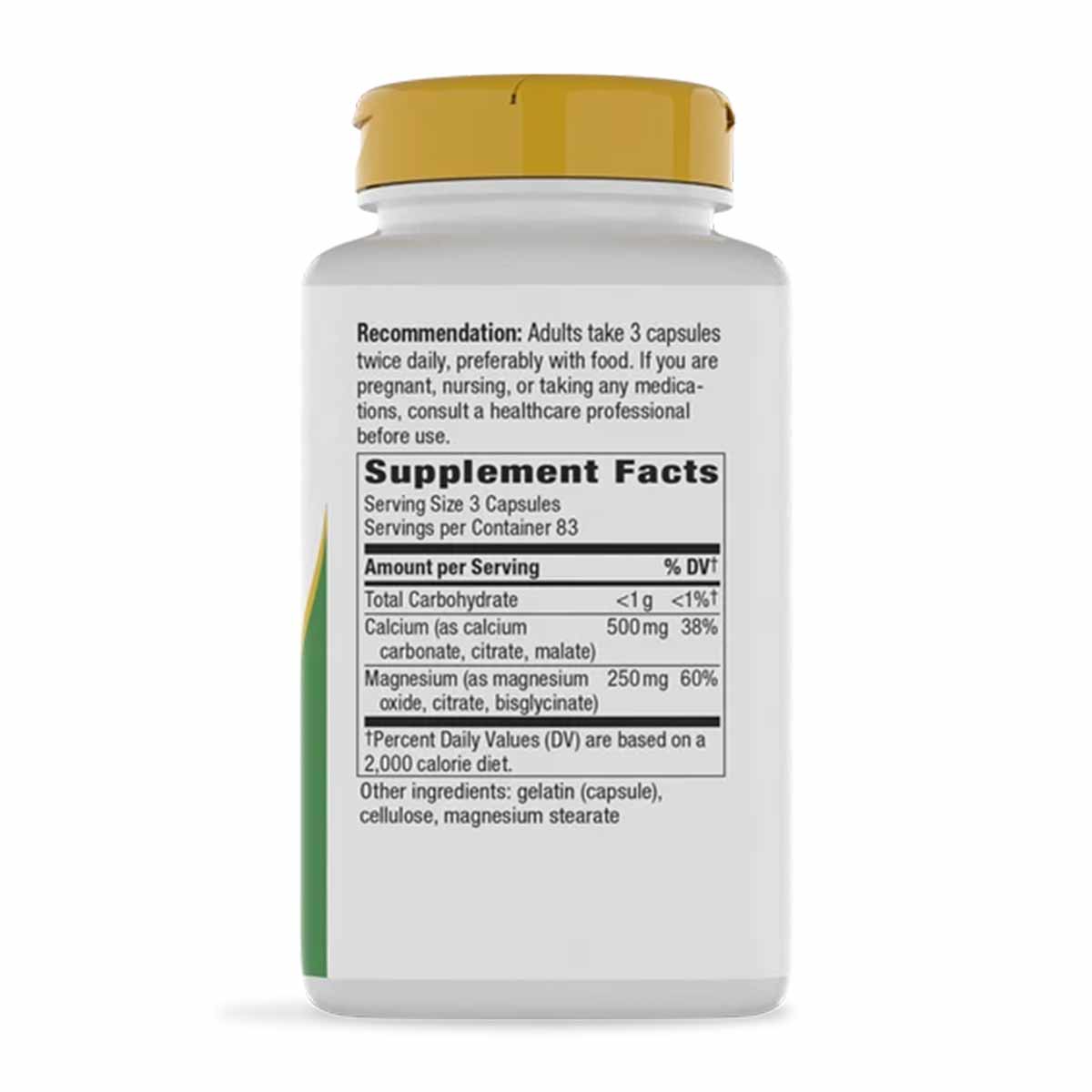 Bottle of Natures Way Calcium & Magnesium Mineral Complex with gold cap and supplement facts label visible.