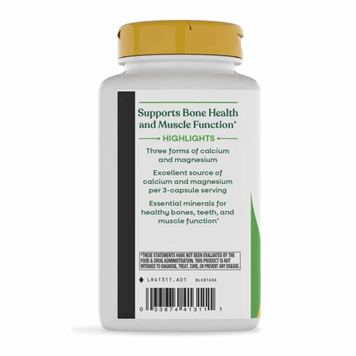 White bottle with gold cap containing Nature's Way Calcium & Magnesium Mineral Complex supplement capsules.