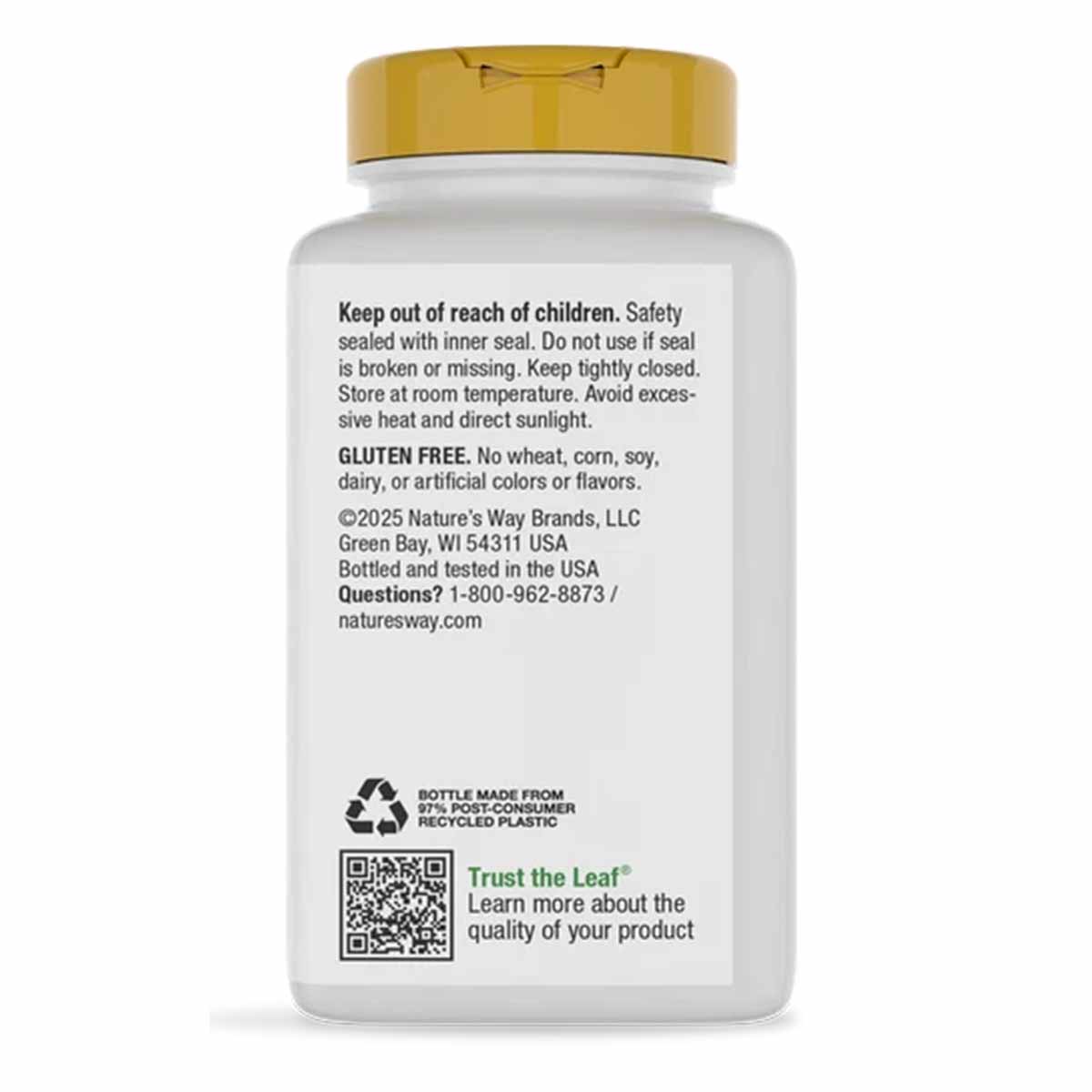 White plastic supplement bottle with gold cap and product information label on back.