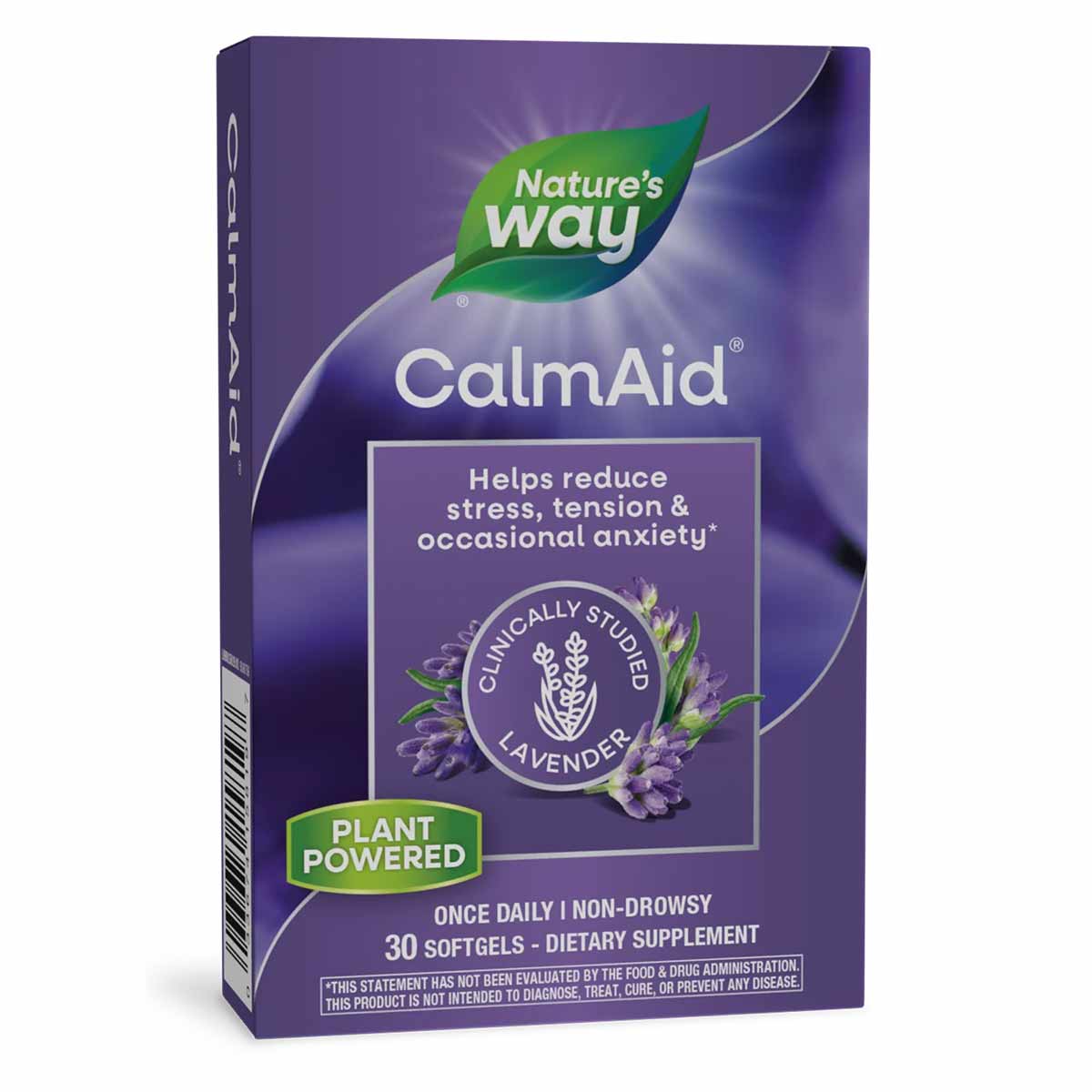 Nature's Way CalmAid purple supplement box with green leaf logo and lavender flower imagery, containing 30 softgels.