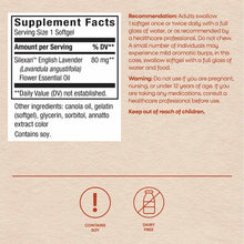 Supplement Facts label showing Silexan English Lavender softgel with 80 mg per serving, ingredient list, and usage recommenda