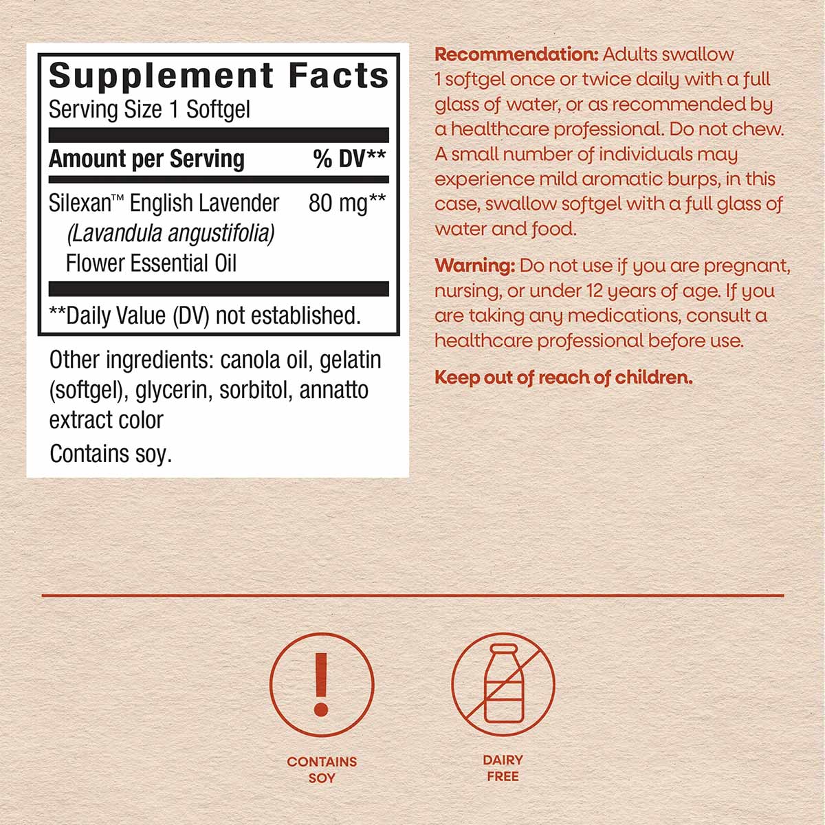Supplement Facts label showing Silexan English Lavender softgel with 80 mg per serving, ingredient list, and usage recommenda