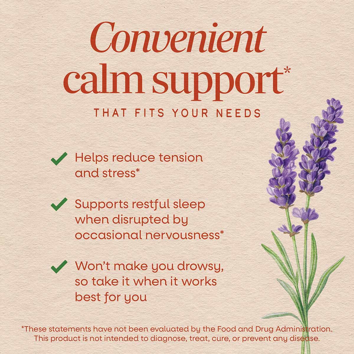 Product packaging for Calm Aid supplement featuring red text and purple lavender flowers on beige background.