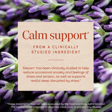 Beige product information card with red text overlaid on purple lavender flowers and green stems.