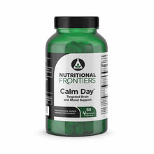 Green bottle of Nutritional Frontiers Calm Day dietary supplement with black cap, containing 60 vegetarian capsules.