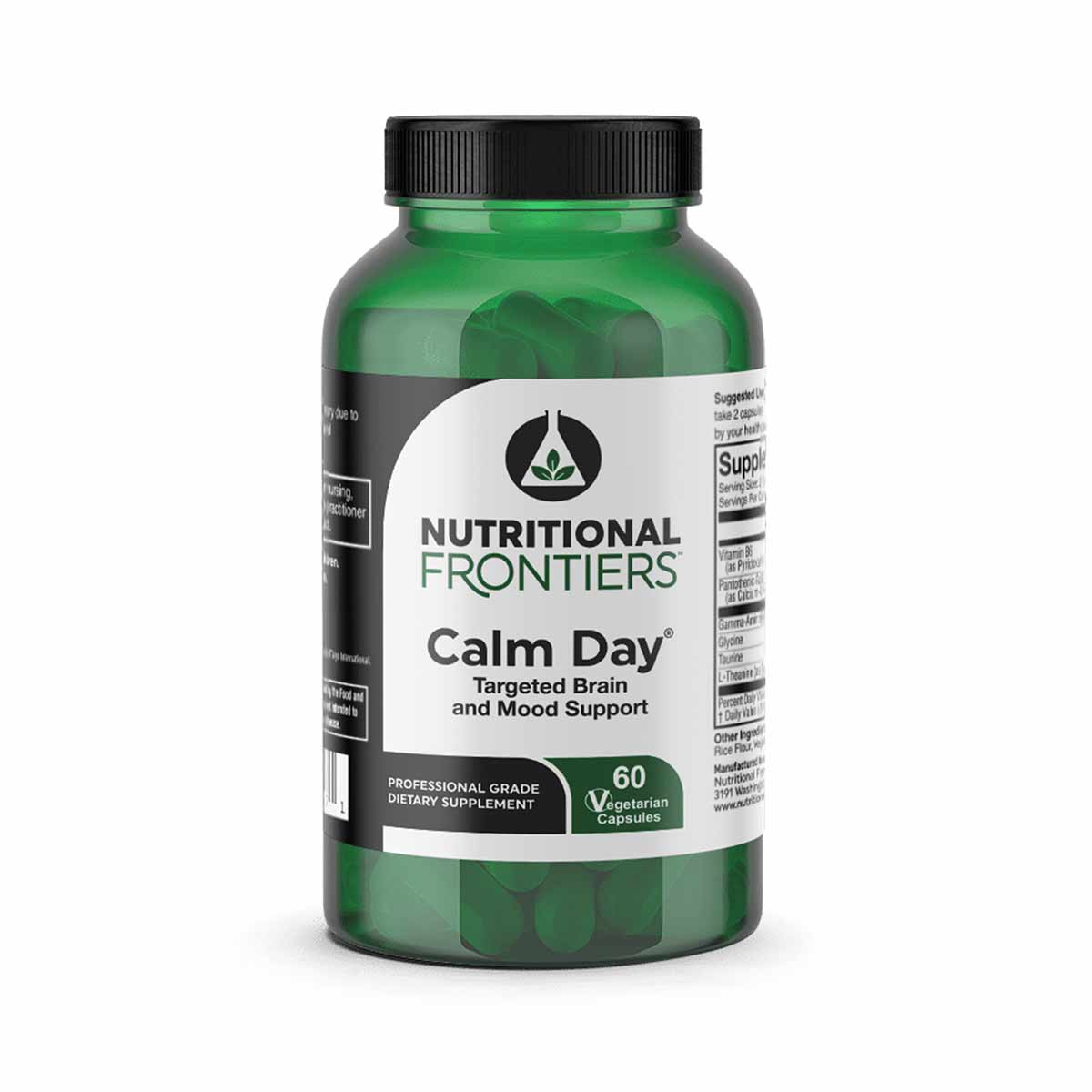 Green bottle of Nutritional Frontiers Calm Day dietary supplement with black cap, containing 60 vegetarian capsules.