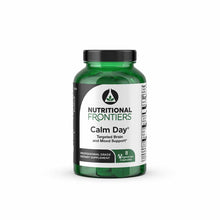 Green glass bottle of Nutritional Frontiers Calm Day dietary supplement with black cap and white label.