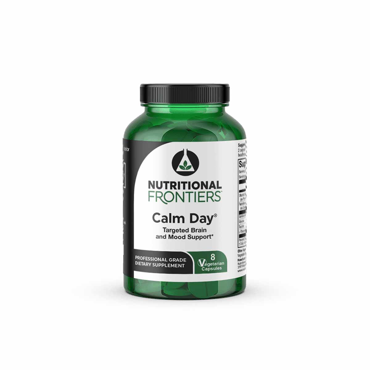 Green glass bottle of Nutritional Frontiers Calm Day dietary supplement with black cap and white label.
