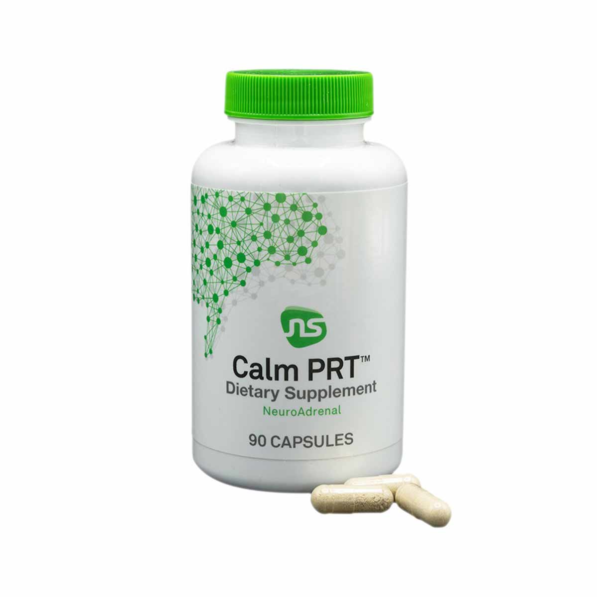 White bottle with green cap labeled "Calm PRT Dietary Supplement" containing 90 capsules, with two capsules displayed in fron
