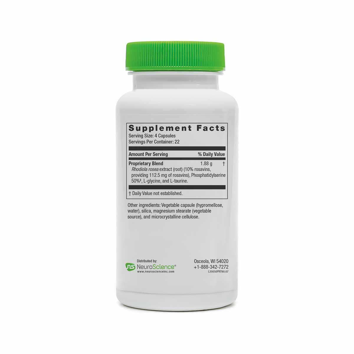 White supplement bottle with green cap showing Supplement Facts label and Neuroscience branding.
