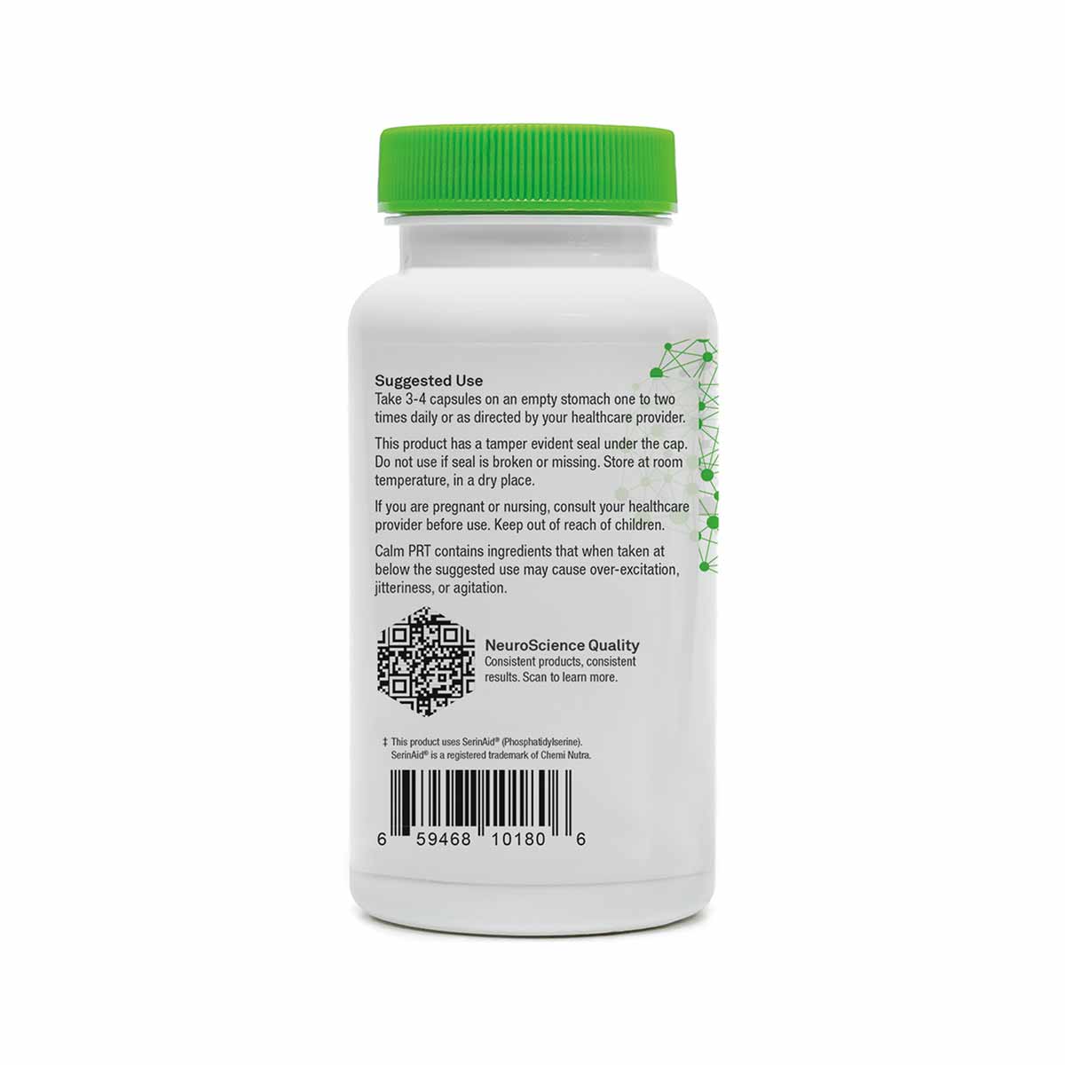 White supplement bottle with green cap, labeled "Calm PRT by NeuroScience" with usage instructions and QR code on back label.