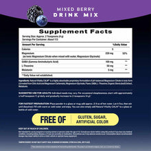 Purple and black package back label for Natural Vitality mixed berry drink mix with supplement facts, ingredients, and usage 
