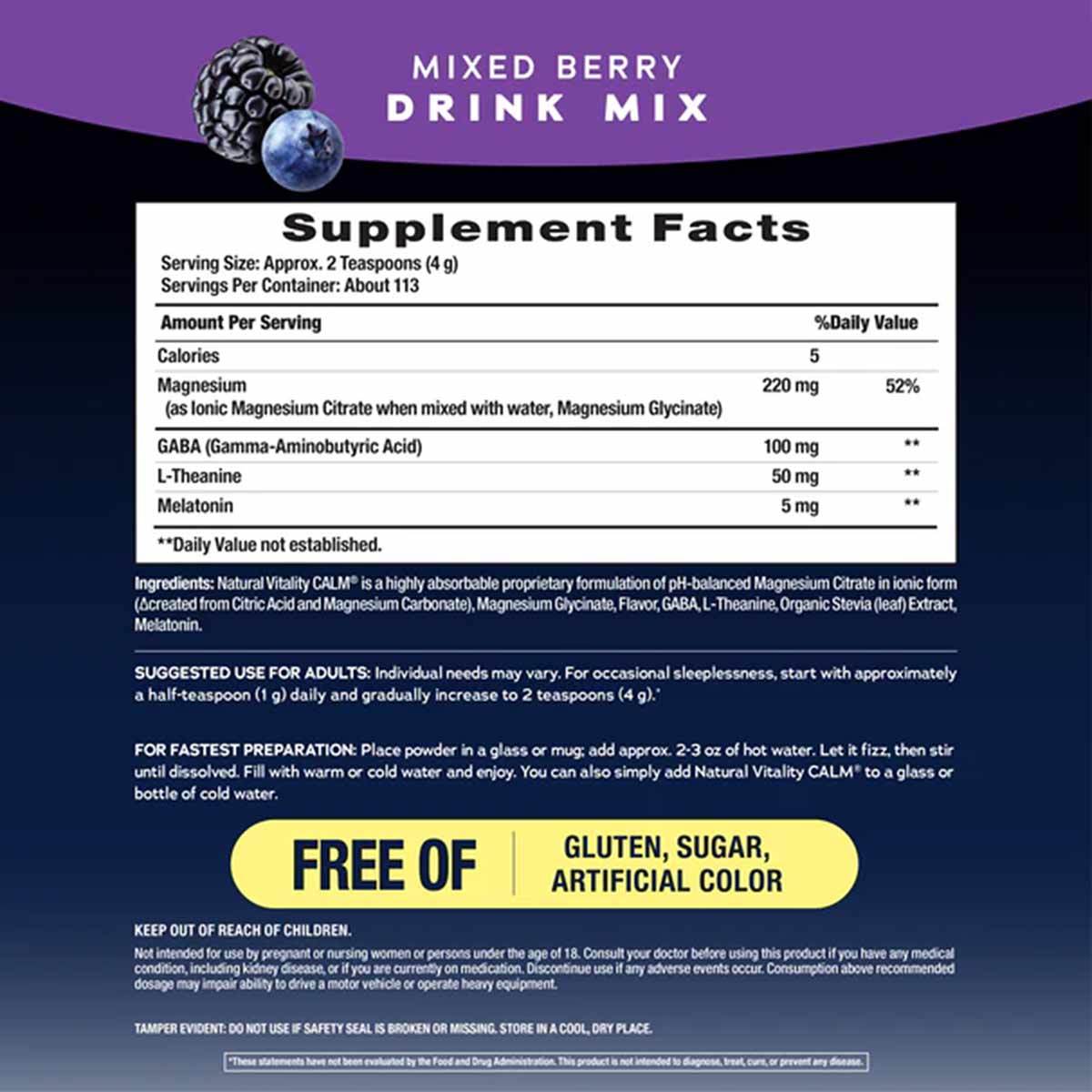 Purple and black package back label for Natural Vitality mixed berry drink mix with supplement facts, ingredients, and usage 
