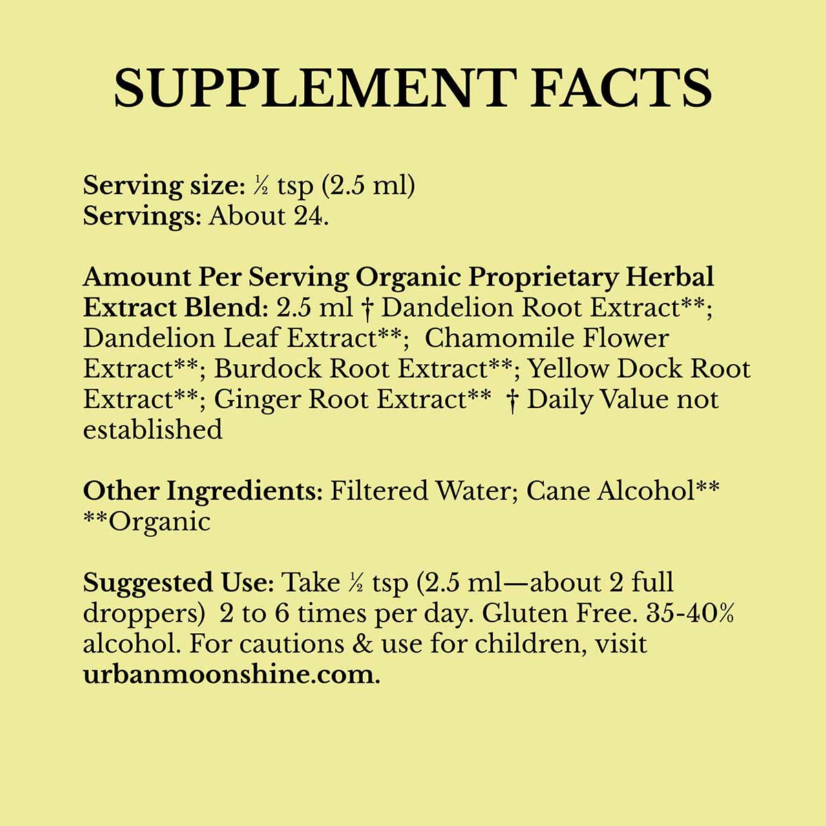 Supplement Facts label on yellow background listing serving size, herbal extract blend ingredients, and usage instructions.