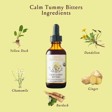 Calm Tummy Bitters bottle surrounded by ingredient illustrations: yellow dock, dandelion, chamomile, ginger, and burdock root