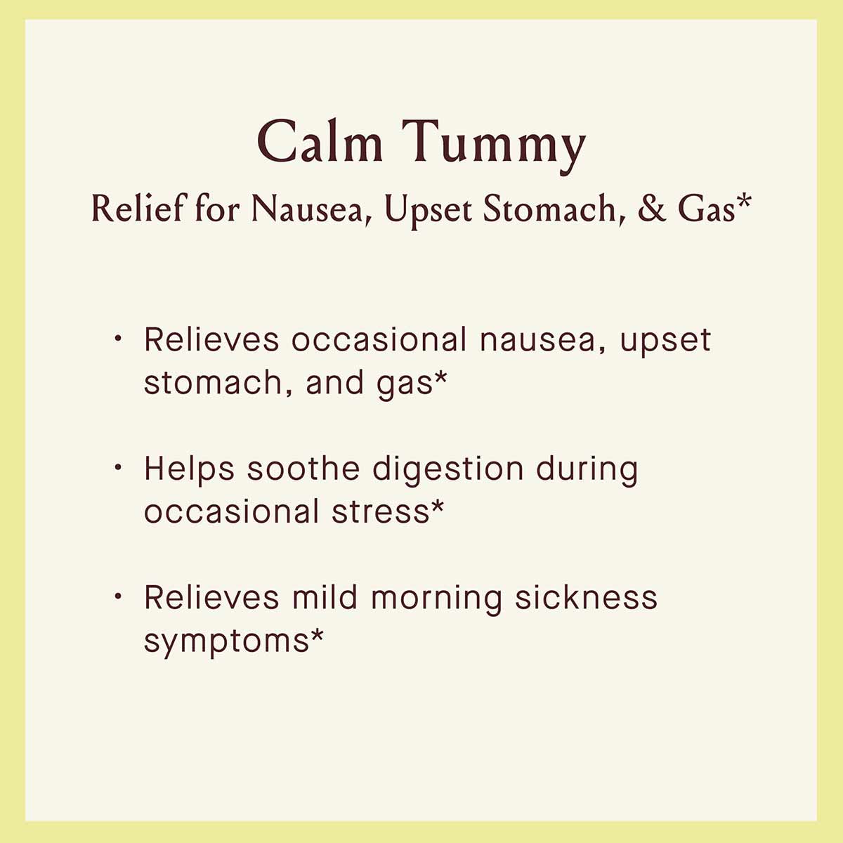 Text page for Calm Tummy Bitters displaying product name and benefits for nausea, upset stomach, and digestive support.