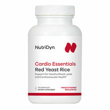 White bottle with white cap labeled "NutriDyn Cardio Essentials Red Yeast Rice, 120 capsules" with red accents and logo.