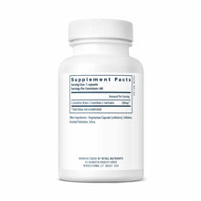 White bottle of Carnitine 500 mg capsules by Vital Nutrients with supplement facts label and white screw-top cap.