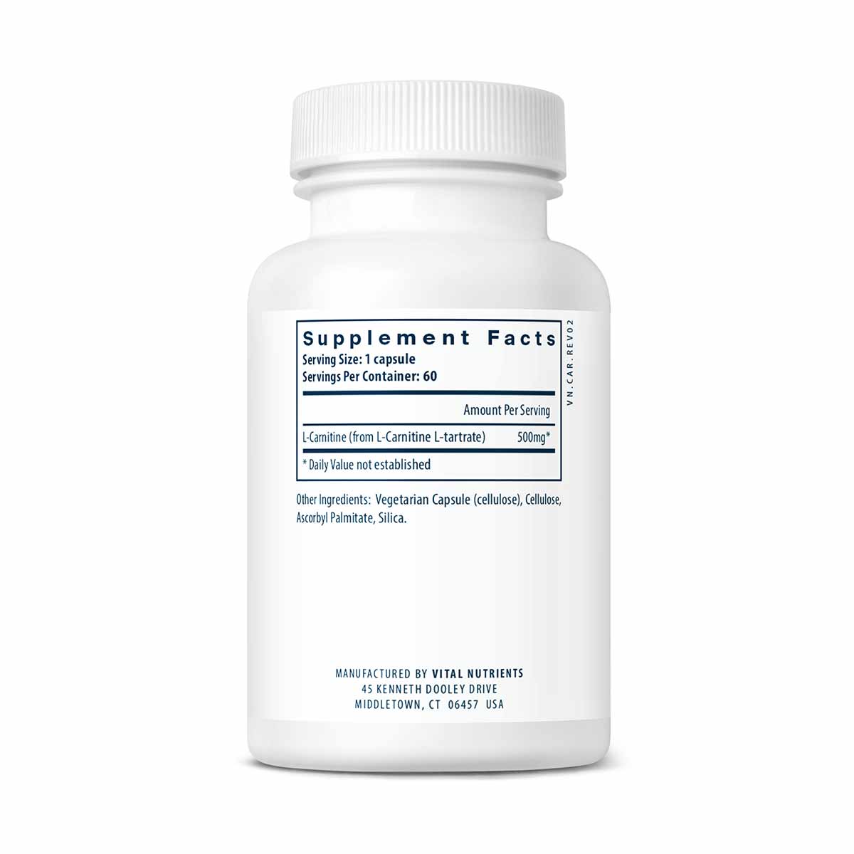 White bottle of Carnitine 500 mg capsules by Vital Nutrients with supplement facts label and white screw-top cap.