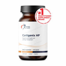 Brown glass bottle of Cartigenix HP dietary supplement by Designs For Health containing 60 capsules with black cap.