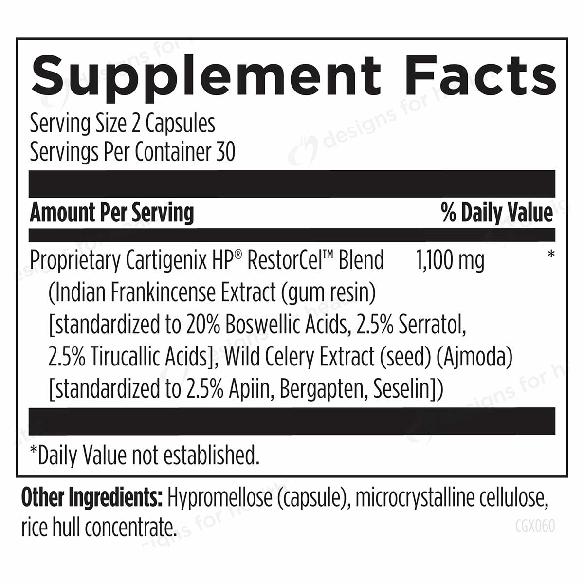 Supplement Facts label for Cartigenix HP showing serving size of 2 capsules, 30 servings per container, with proprietary blen