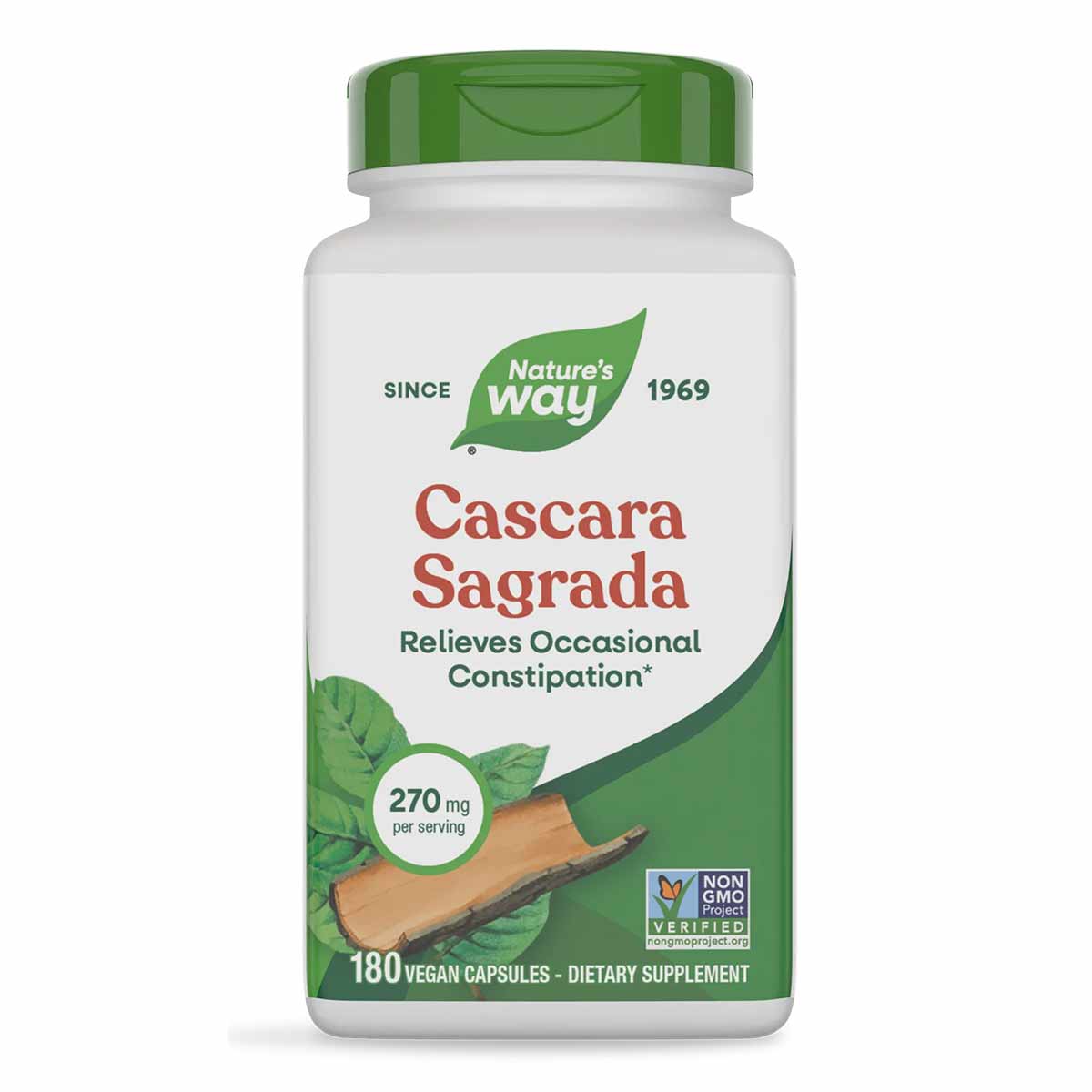 White bottle with green cap containing Nature's Way Cascara Sagrada 270 mg vegan capsules, 180 count.