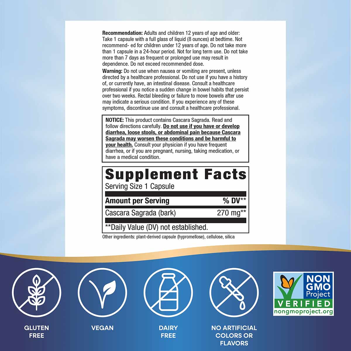 Supplement Facts label for Cascara Sagrada 270 mg capsules with usage recommendations and warnings.