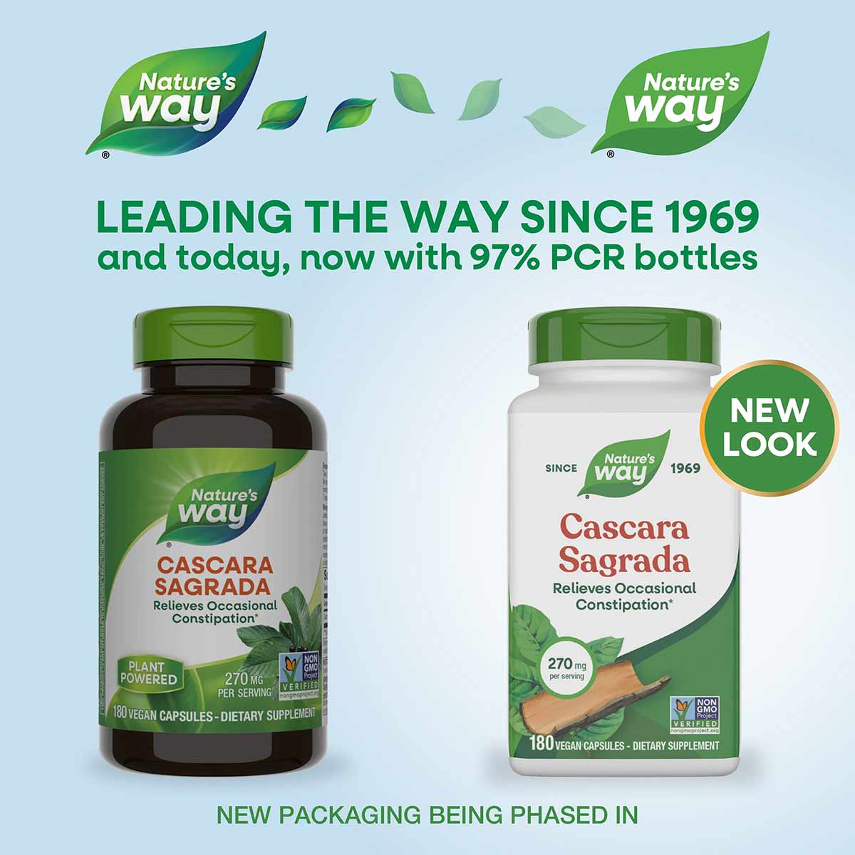 Two Cascara Sagrada 270 mg supplement bottles by Nature's Way, one dark brown and one white with green accents, showing old a