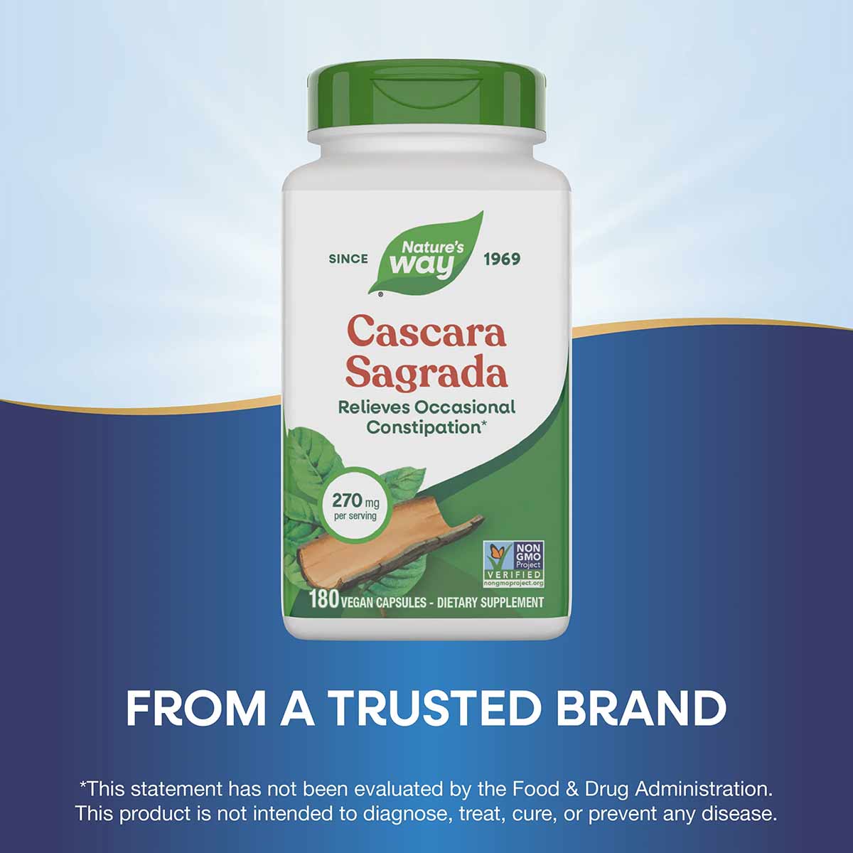 Nature's Way Cascara Sagrada 270 mg bottle with green cap containing 180 vegan capsules.