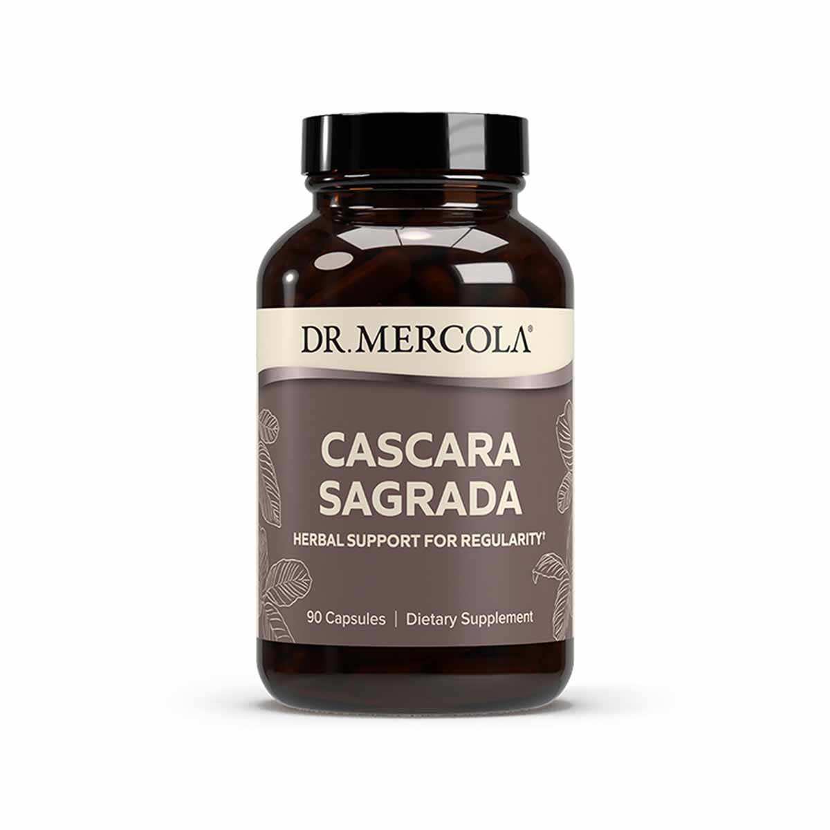 Brown glass bottle of Dr. Mercola Cascara Sagrada dietary supplement with black cap containing 90 capsules.