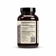 Brown glass bottle with black cap containing Cascara Sagrada capsules, label showing supplement facts and ingredients.