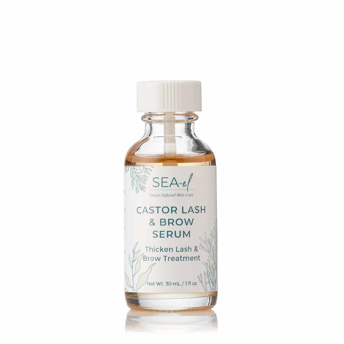 A small clear glass bottle with a white cap holds amber serum and a white label with teal text and seaweed illustrations.