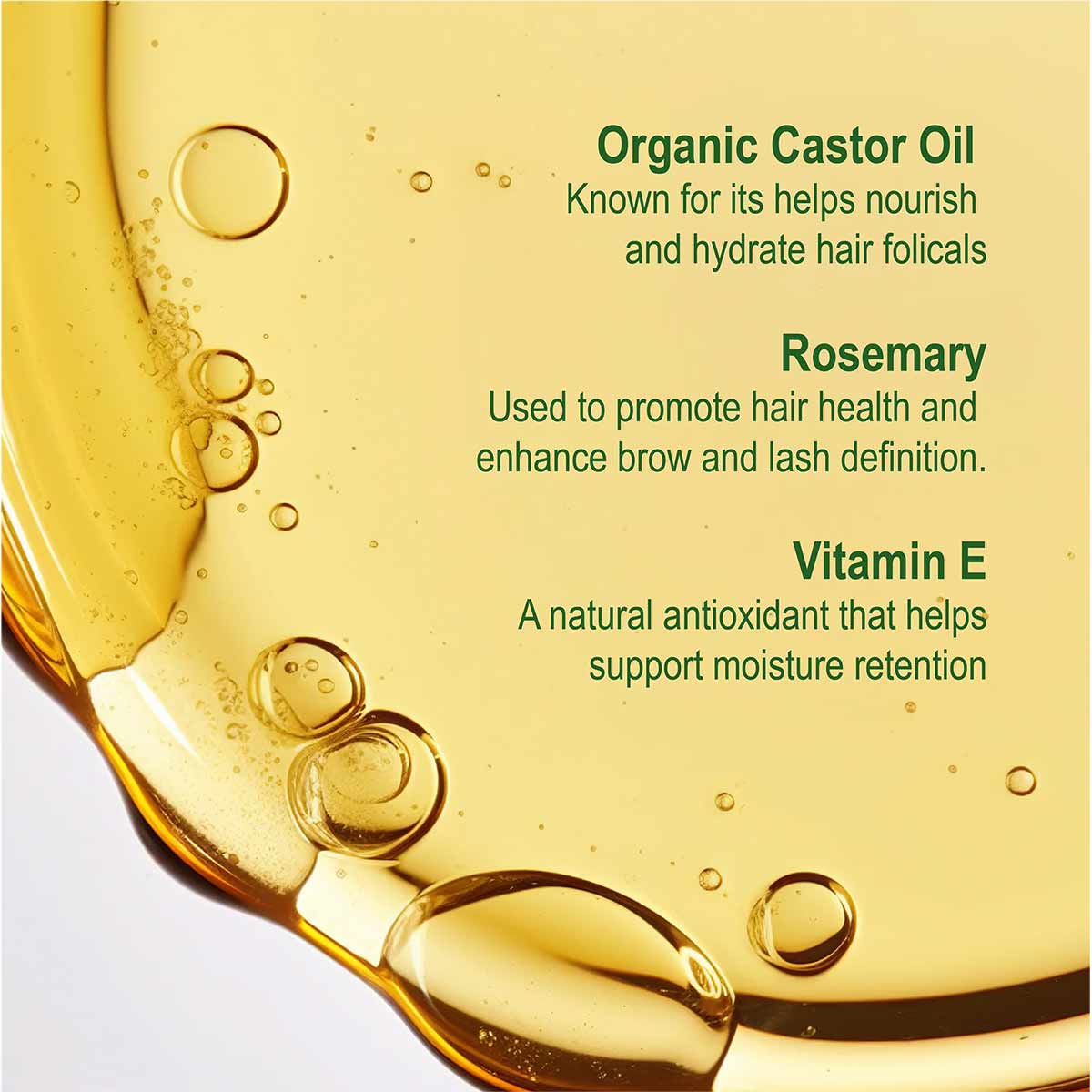 Golden oil with bubbles fills the background, overlaid with green text listing organic castor oil, rosemary, and vitamin E ingredients.