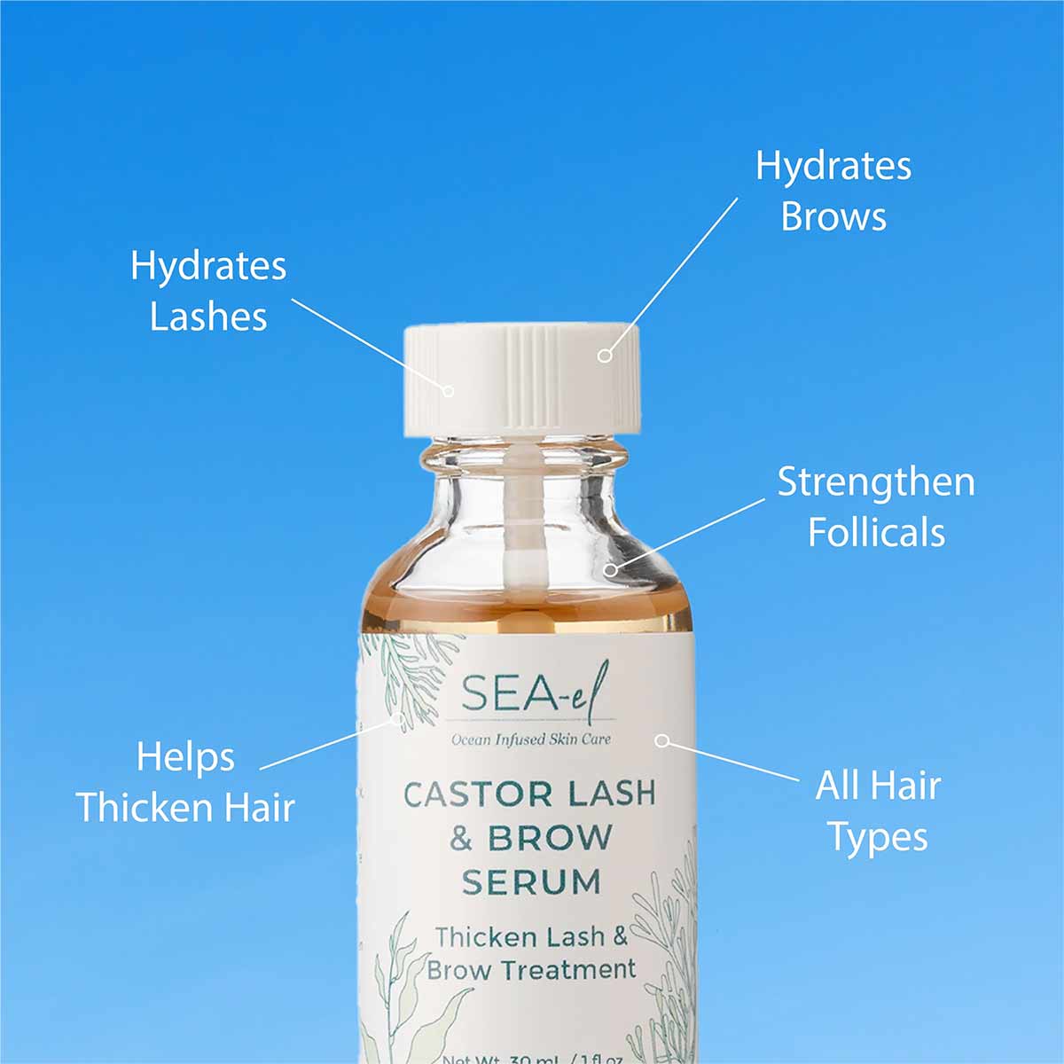 A glass dropper bottle of Sea-el Castor Lash & Brow Serum with a white cap stands against a blue background with benefit callouts.