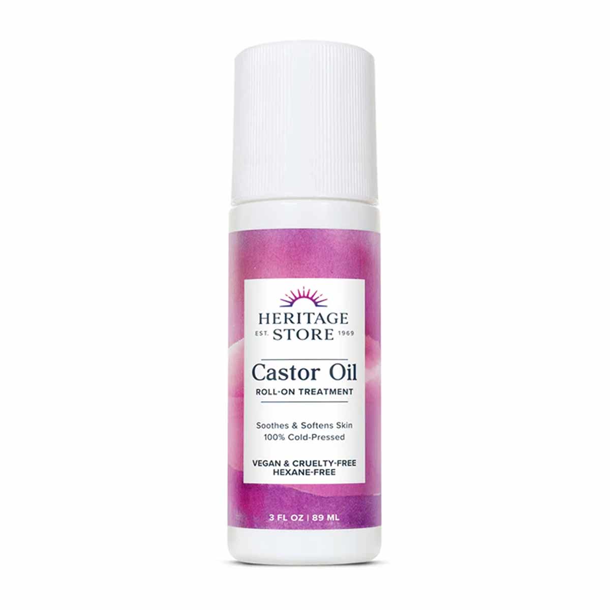 Heritage Store castor oil roll-on bottle with white cap and pink label, 3 fl oz size.