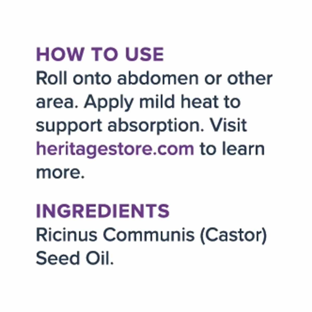 Text on white background displaying usage instructions and ingredients for castor oil roll-on product.