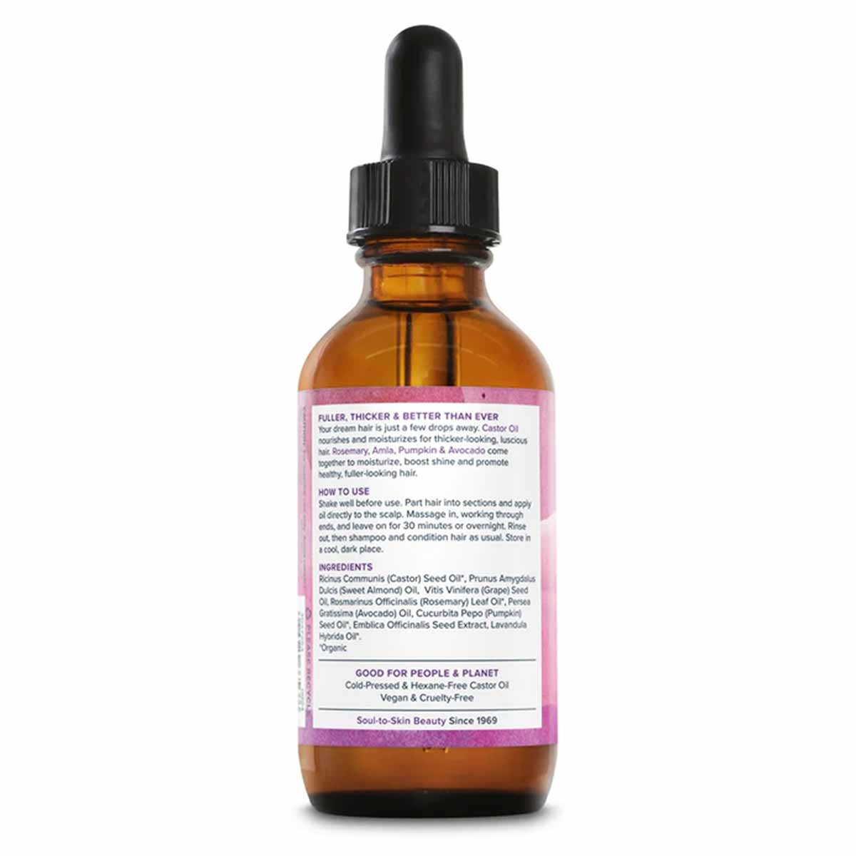 Amber glass bottle with black dropper cap and pink label containing castor oil and rosemary hair treatment.
