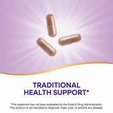Three brown capsules on a purple background with a gold curved line and white space below.