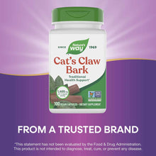 Nature's Way Cat's Claw Bark bottle with green cap, 100 vegan capsules, 1,455 mg per 3-capsule serving.